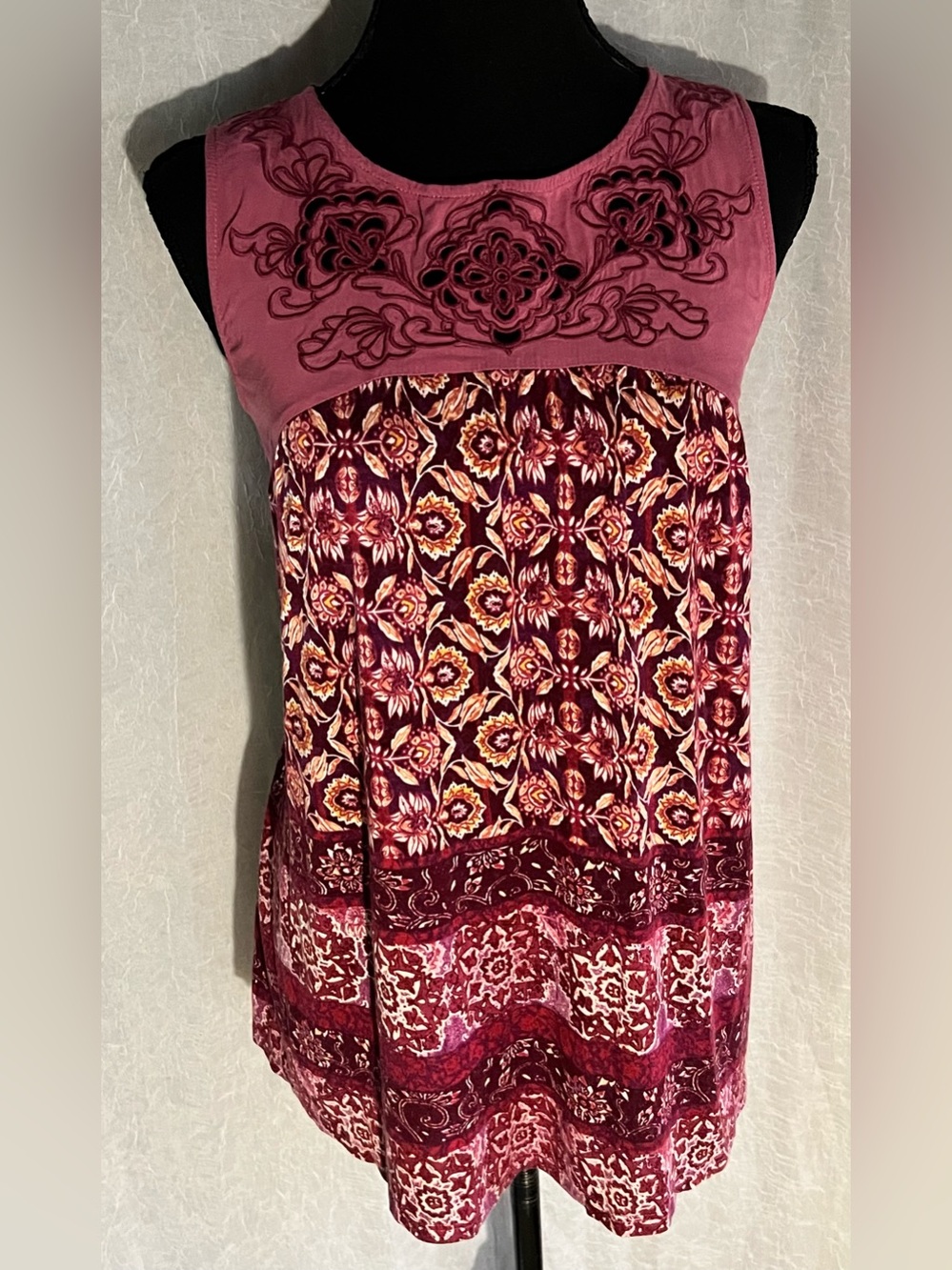 Maurices Rose and Burgundy Embroidered Yoke Tank